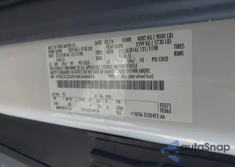 2016 Ford Transit-350 Xlt from USA, damaged, VIN 1FBZX2ZM1GKA98432